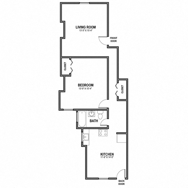 Floor plan for 1 bed, 1 bath, 690 sqft